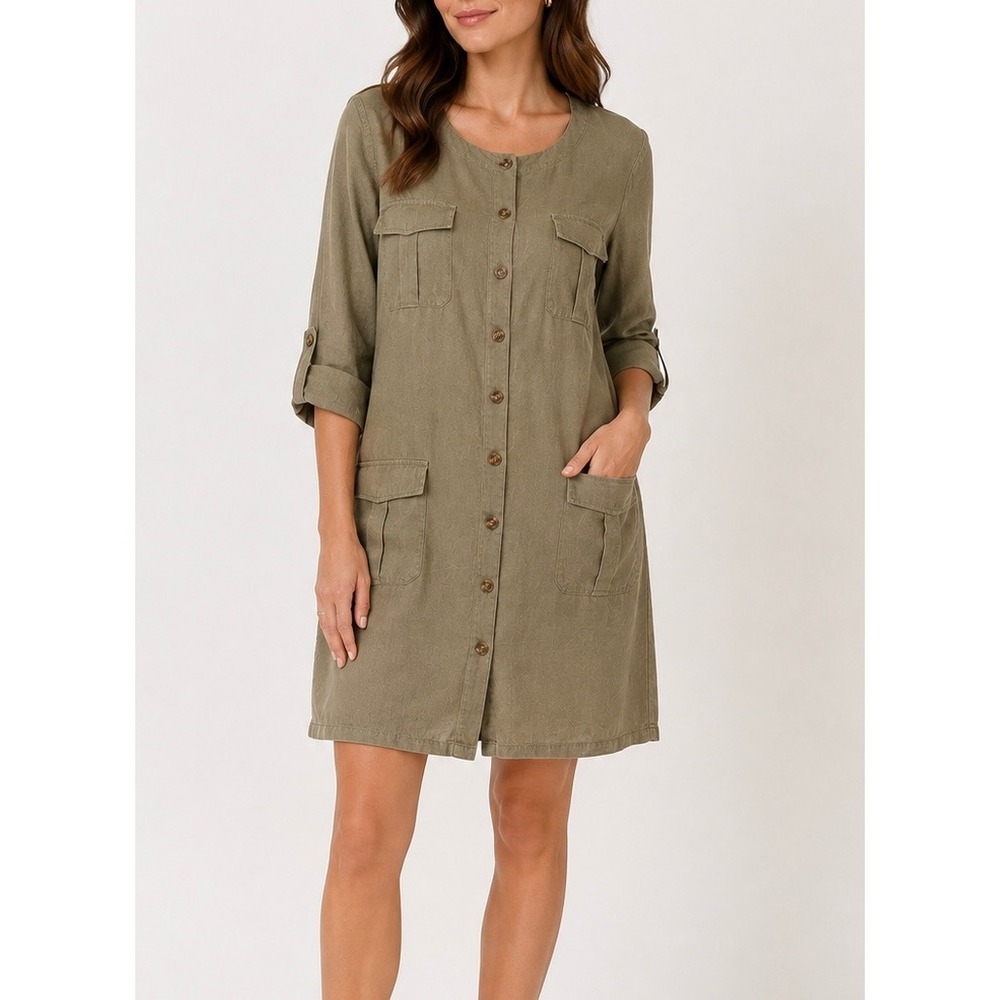 Go Silk Shirt Dress Womens 100% Linen Utility Button Front Olive Green Large